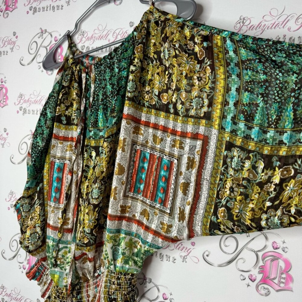 Costa Blanca open shoulder blouse top shirt paisley boho silky shimmer keyhole - Picture 2 of 12